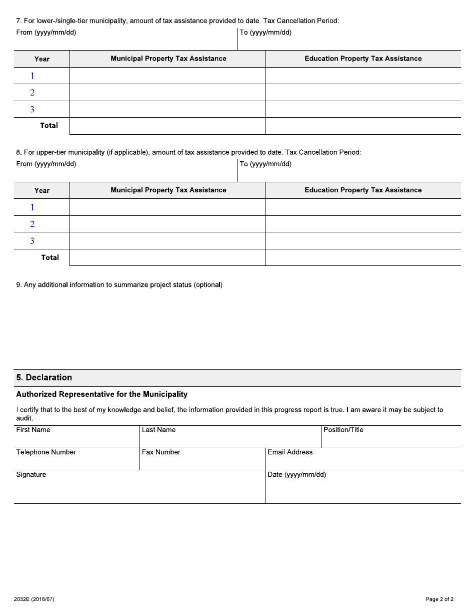 Form 2032E Brownfields Financial Tax Incentive Program Annual Progress Report - Ontario, Canada, Page 2