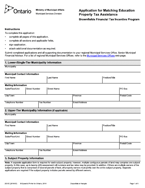 Form 2031E Application for Matching Education Property Tax Assistance - Ontario, Canada