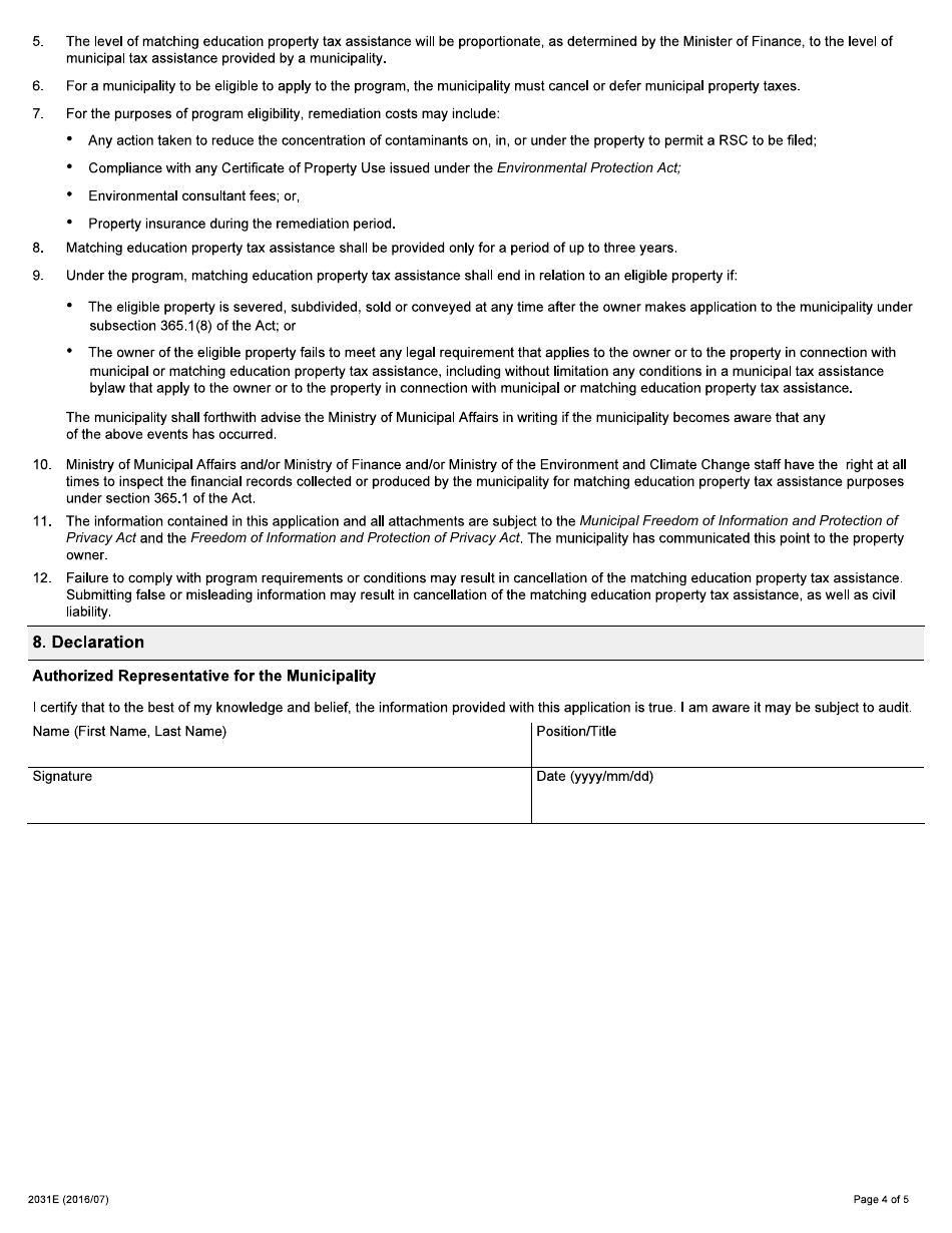 Form 2031E Application for Matching Education Property Tax Assistance - Ontario, Canada, Page 4