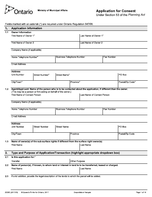 Form 2029E Application for Consent - Ontario, Canada