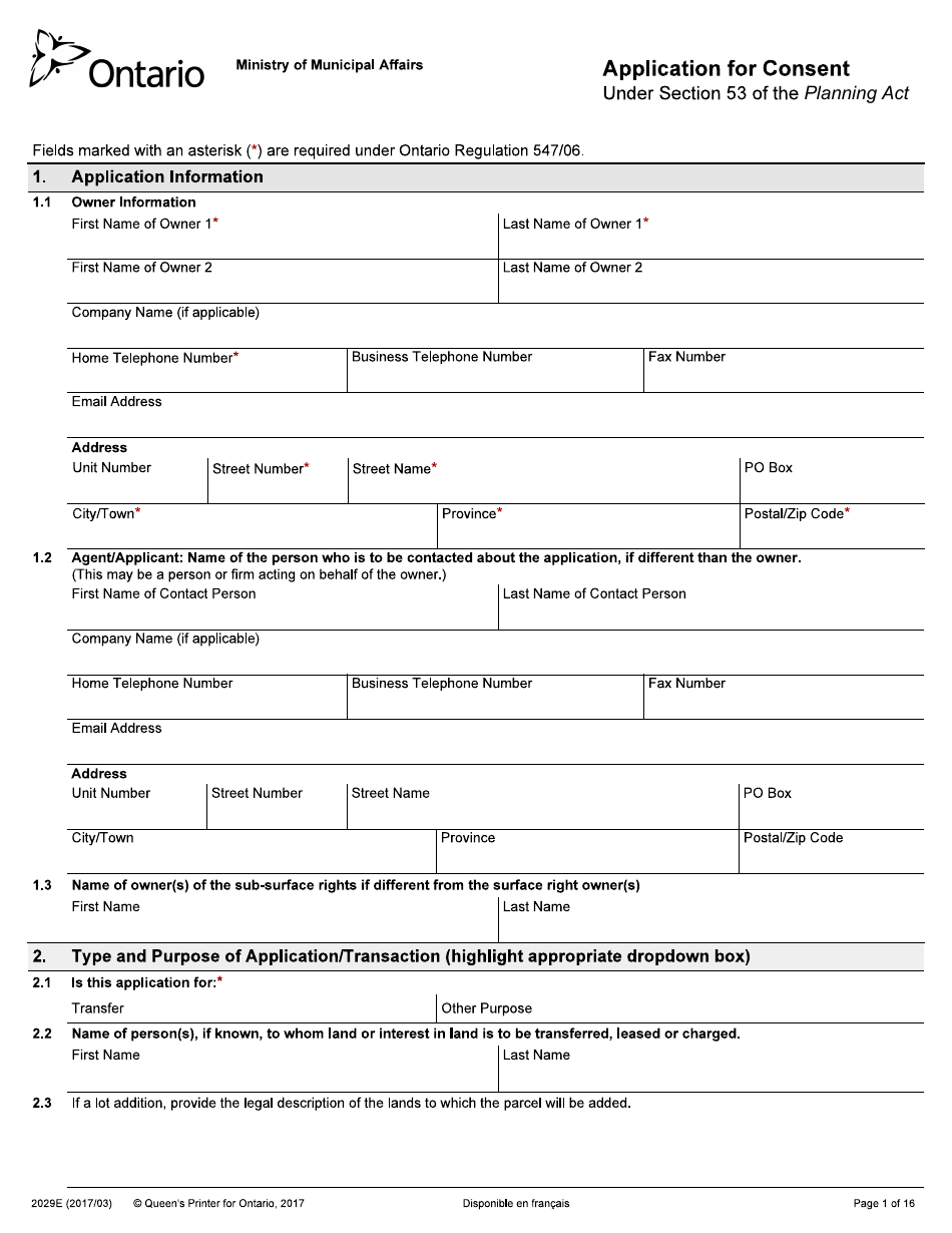 Form 2029E Application for Consent - Ontario, Canada, Page 1