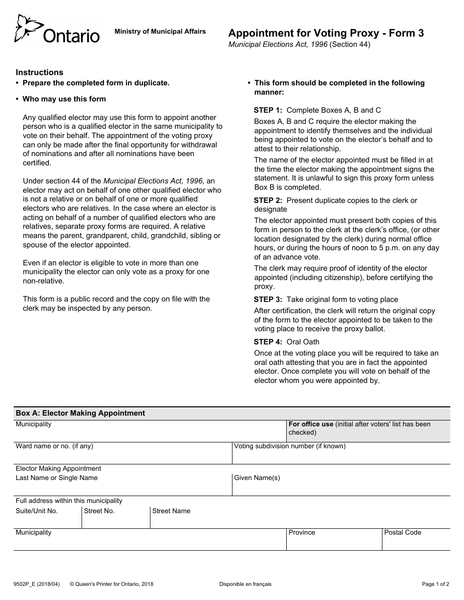 Form 3 (9502P_E) Appointment for Voting Proxy - Ontario, Canada, Page 1