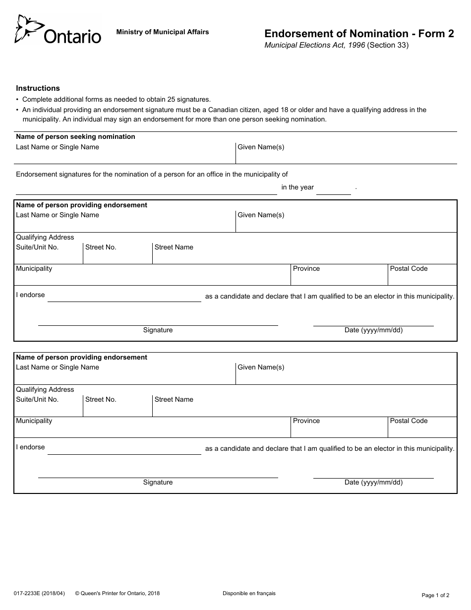 Form 2 (017-2233E) Endorsement of Nomination - Ontario, Canada, Page 1