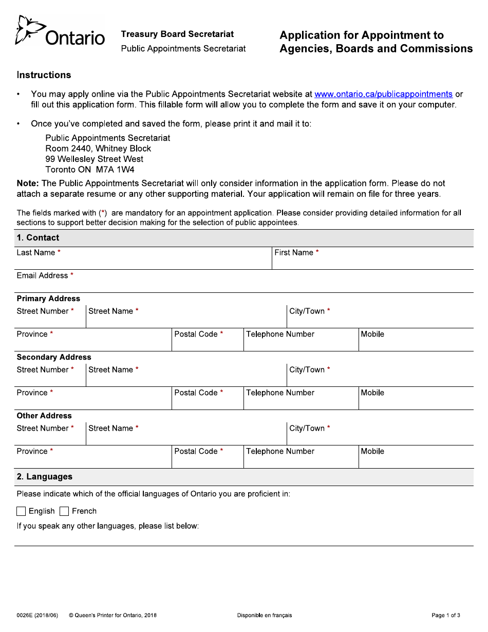 Form 0026E Application for Appointment to Agencies, Boards and Commissions - Ontario, Canada, Page 1