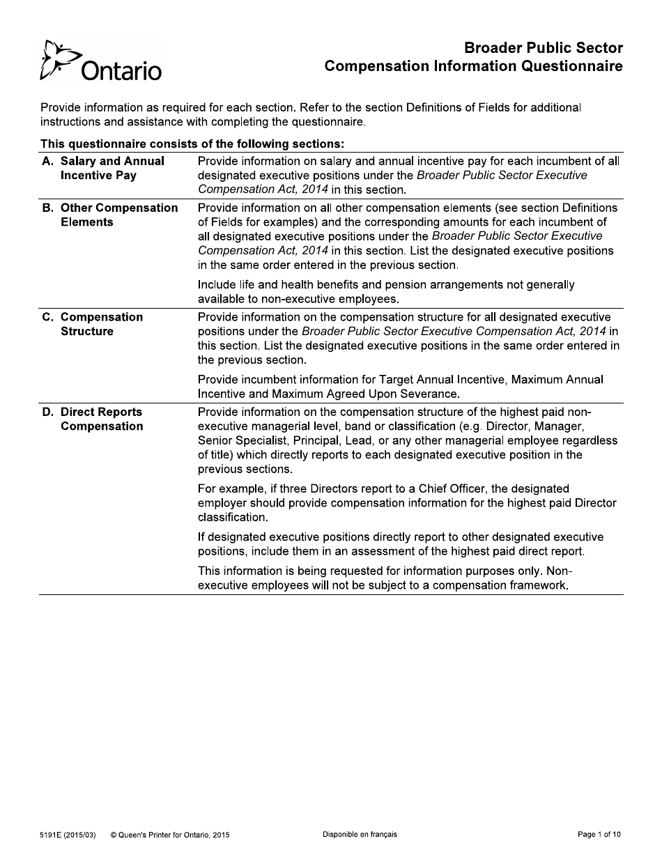 Form 5191E Broader Public Sector Compensation Information Questionnaire - Ontario, Canada, Page 1