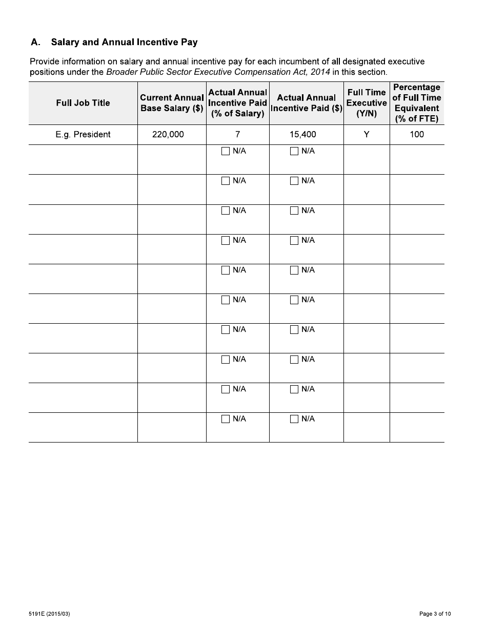 Form 5191E Broader Public Sector Compensation Information Questionnaire - Ontario, Canada, Page 3