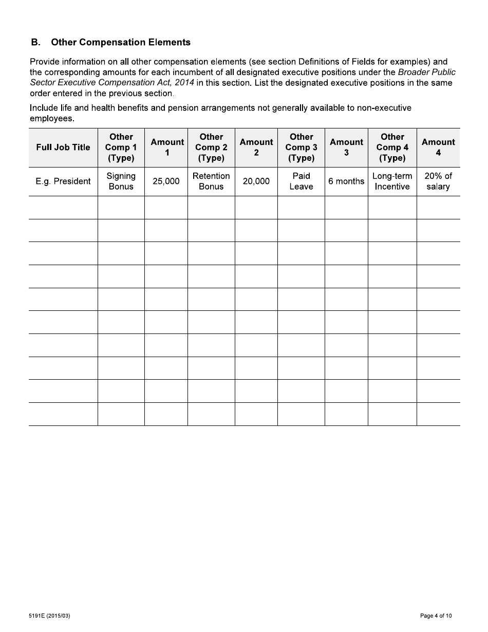 Form 5191E Broader Public Sector Compensation Information Questionnaire - Ontario, Canada, Page 4