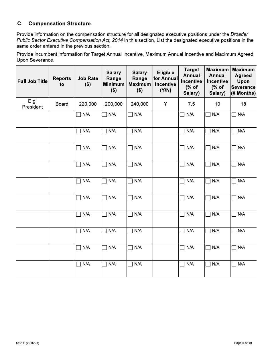 Form 5191E Broader Public Sector Compensation Information Questionnaire - Ontario, Canada, Page 5