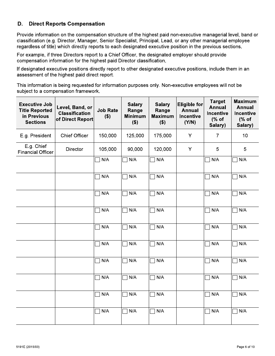 Form 5191E Broader Public Sector Compensation Information Questionnaire - Ontario, Canada, Page 6