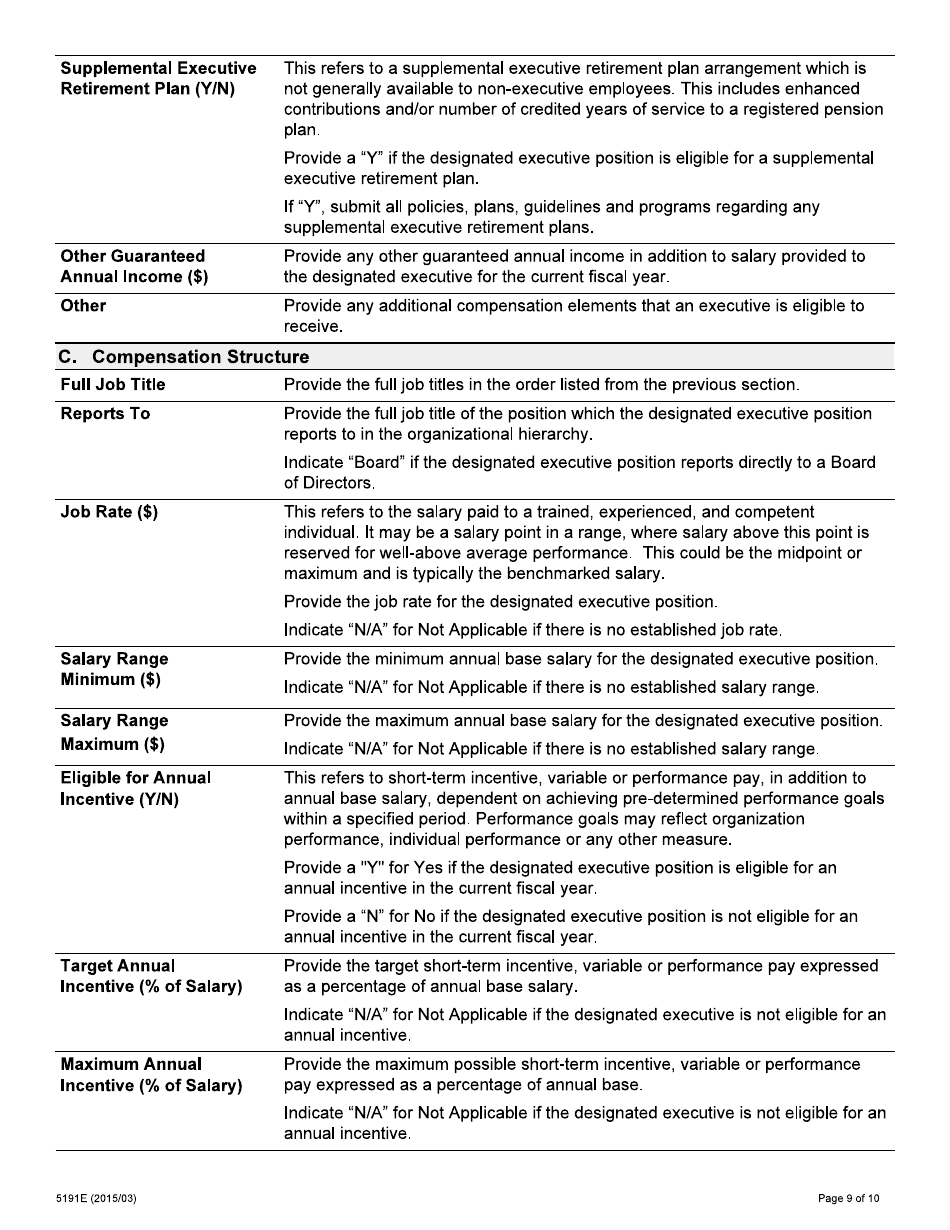 Form 5191E Broader Public Sector Compensation Information Questionnaire - Ontario, Canada, Page 9