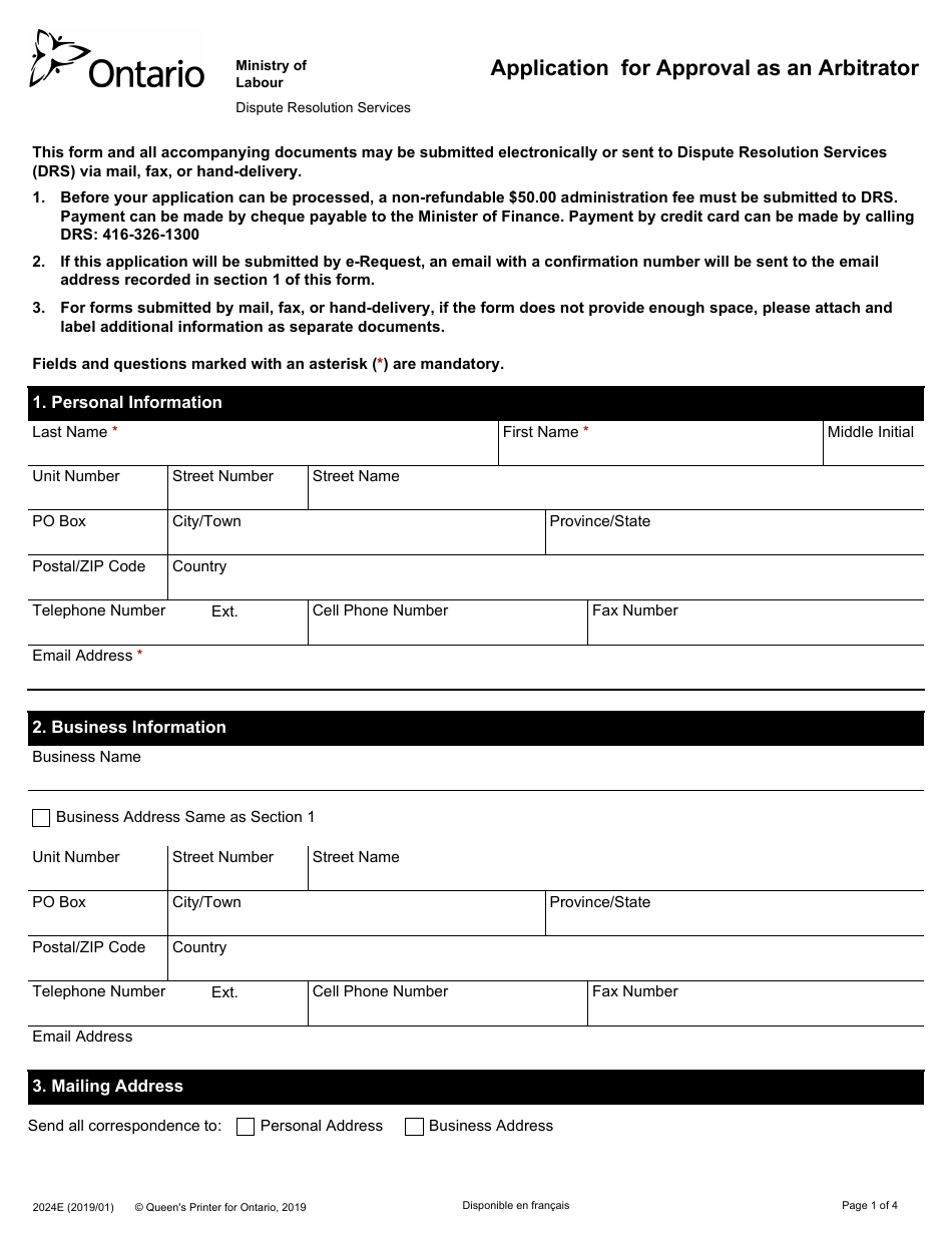 Form 2024E Application for Approval as an Arbitrator - Ontario, Canada, Page 1