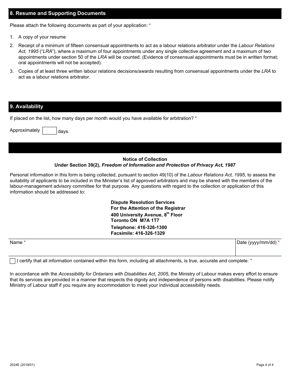 Form 2024E Application for Approval as an Arbitrator - Ontario, Canada, Page 4
