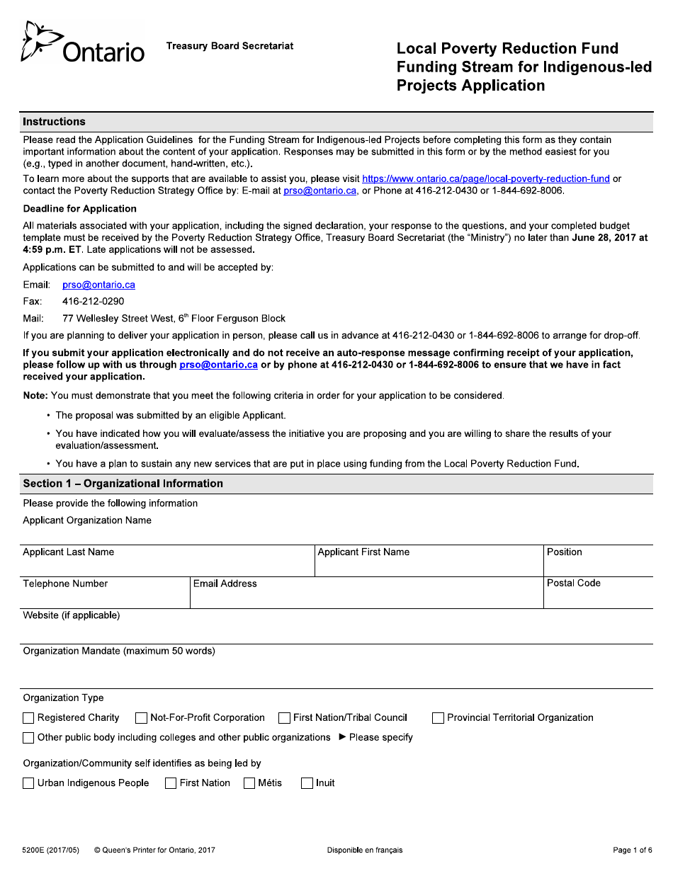 Form 5200E Local Poverty Reduction Fund Funding Stream for Indigenous-Led Projects - Ontario, Canada, Page 1
