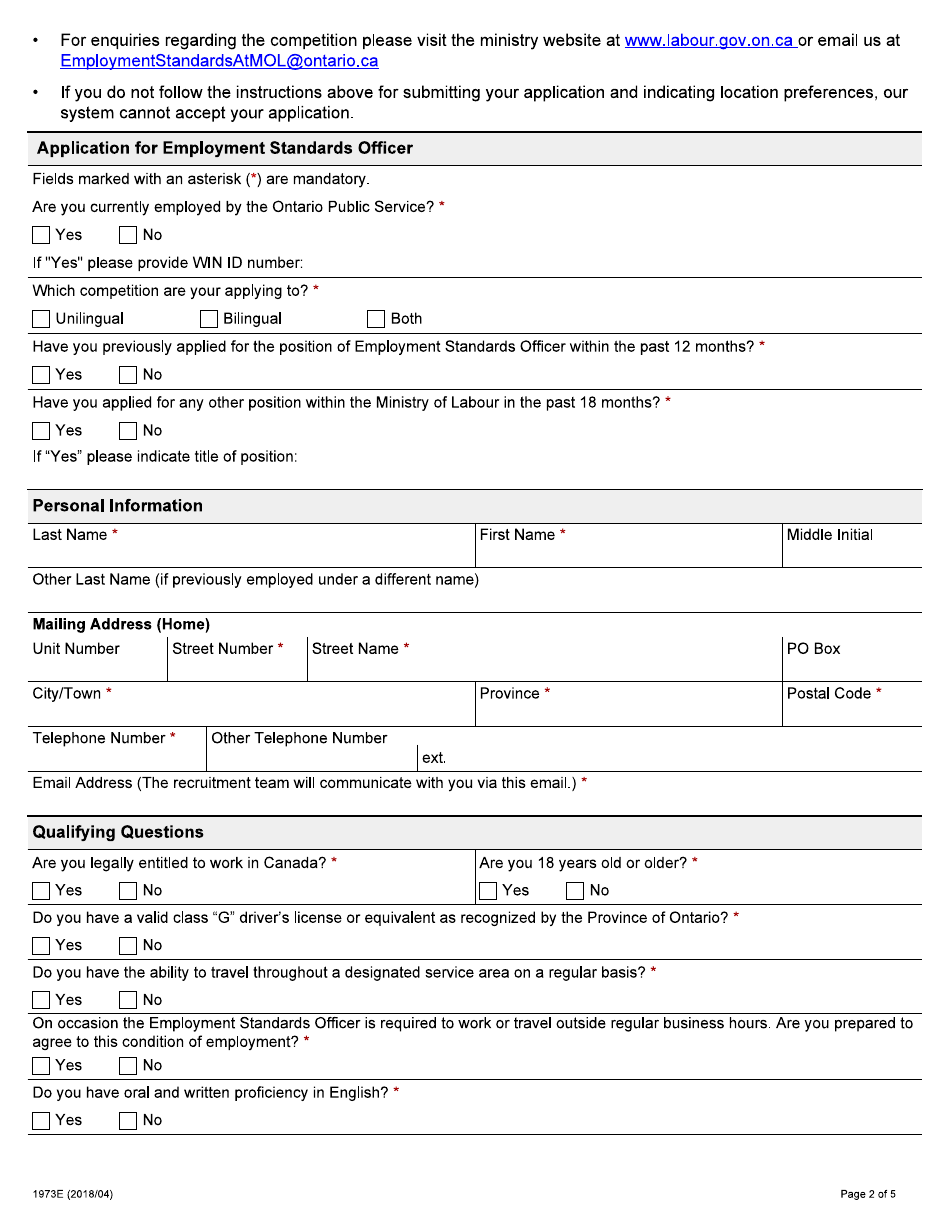 Form 1973E Application for Employment - Employment Standards Officer - Ontario, Canada, Page 2