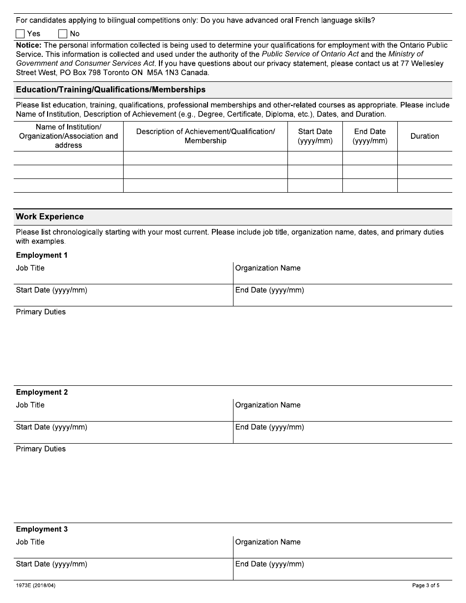 Form 1973E Application for Employment - Employment Standards Officer - Ontario, Canada, Page 3