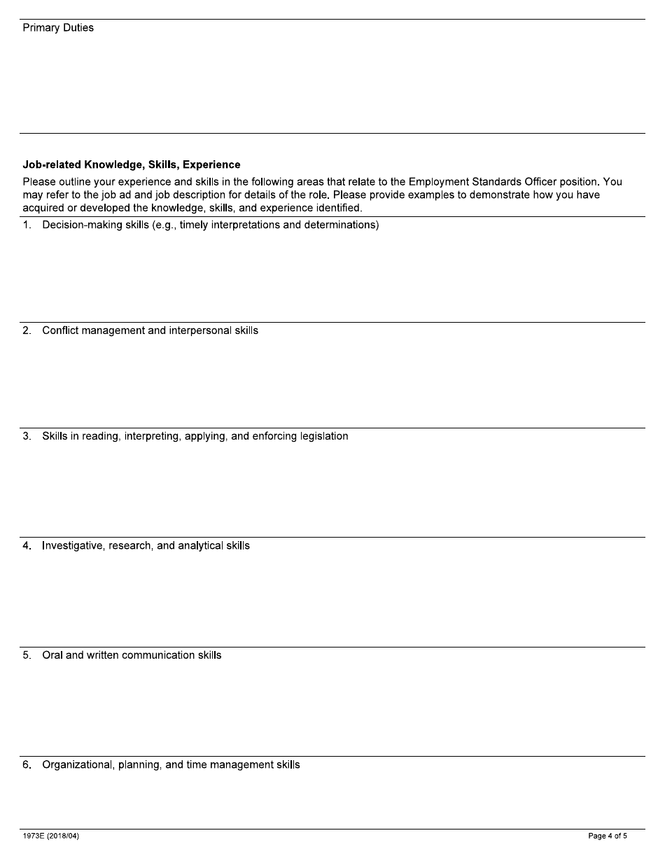 Form 1973E Application for Employment - Employment Standards Officer - Ontario, Canada, Page 4