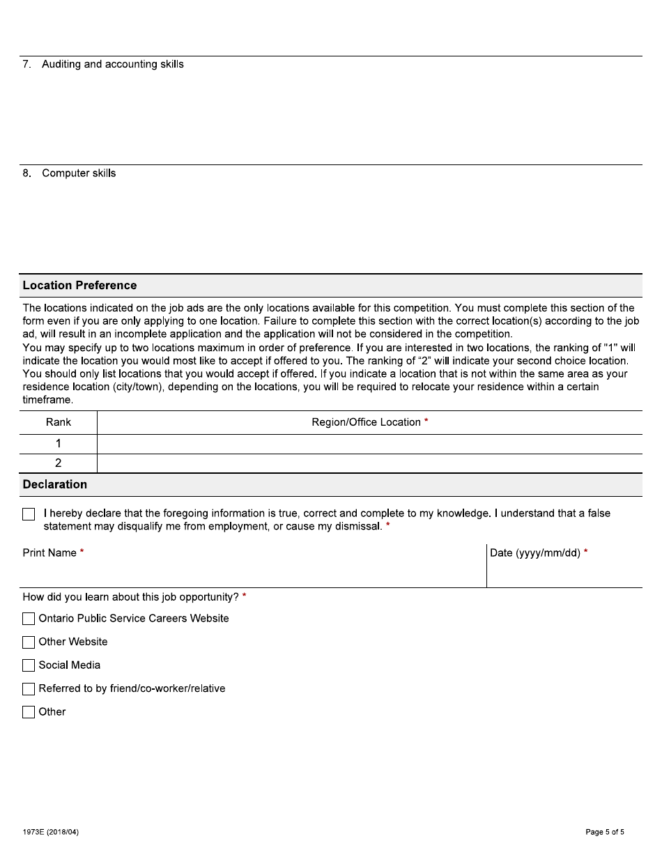 Form 1973E Application for Employment - Employment Standards Officer - Ontario, Canada, Page 5