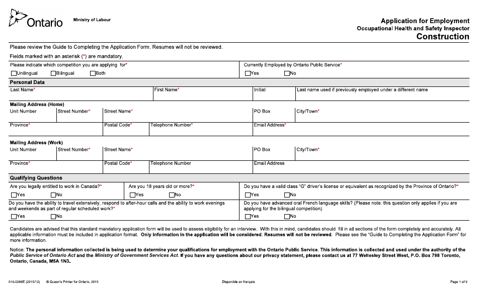 Form 016-0288E Application for Employment - Construction - Ontario, Canada, Page 1