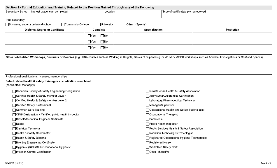 Form 016-0288E Application for Employment - Construction - Ontario, Canada, Page 2
