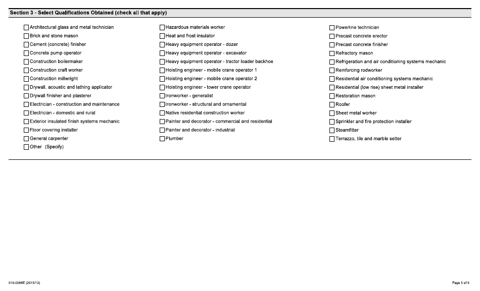 Form 016-0288E Application for Employment - Construction - Ontario, Canada, Page 5
