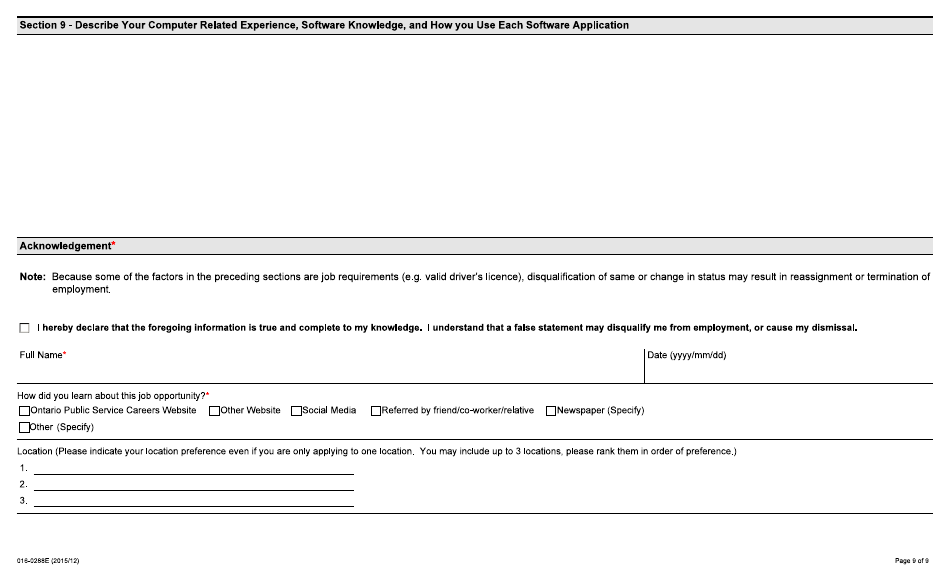 Form 016-0288E Application for Employment - Construction - Ontario, Canada, Page 9