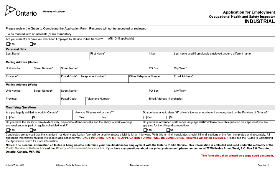 Form 016-0287E Application for Employment - Industrial - Ontario, Canada, Page 1