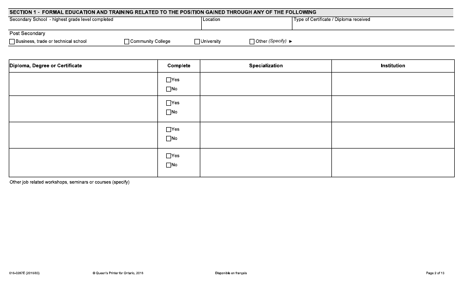 Form 016-0287E Application for Employment - Industrial - Ontario, Canada, Page 2