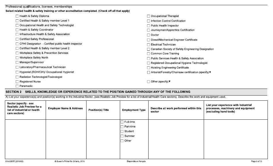 Form 016-0287E Application for Employment - Industrial - Ontario, Canada, Page 3