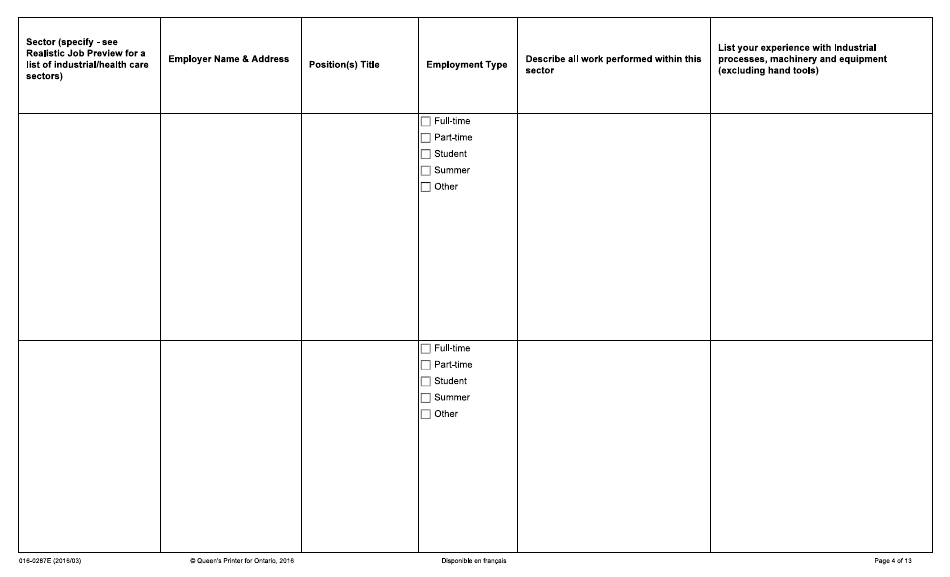 Form 016-0287E Application for Employment - Industrial - Ontario, Canada, Page 4