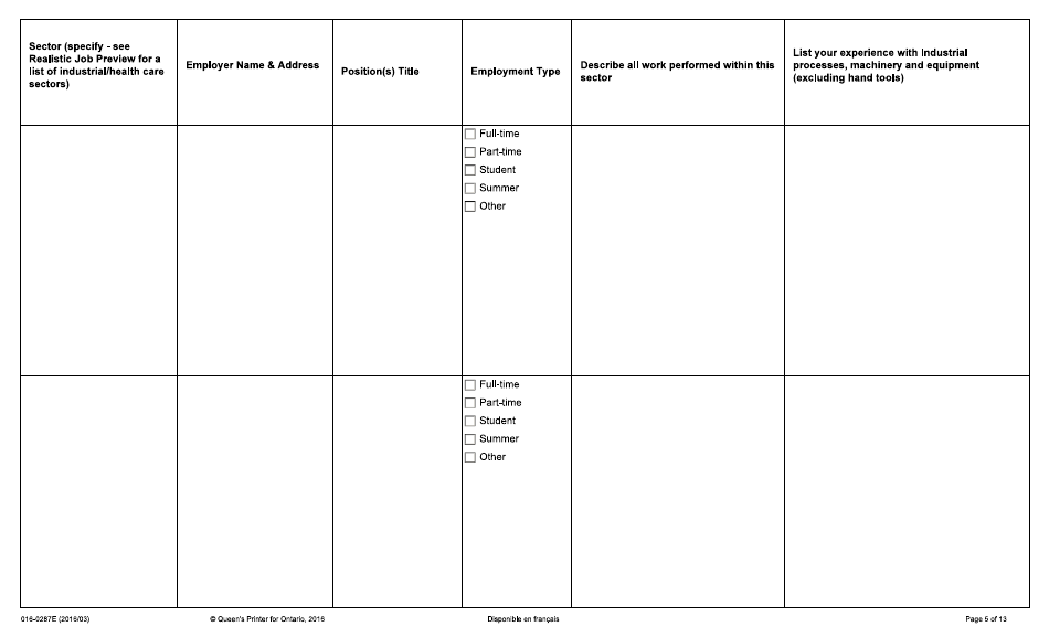 Form 016-0287E Application for Employment - Industrial - Ontario, Canada, Page 5