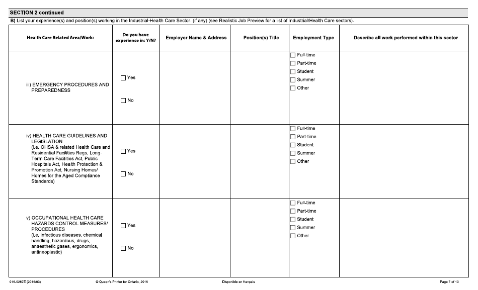 Form 016-0287E Application for Employment - Industrial - Ontario, Canada, Page 7