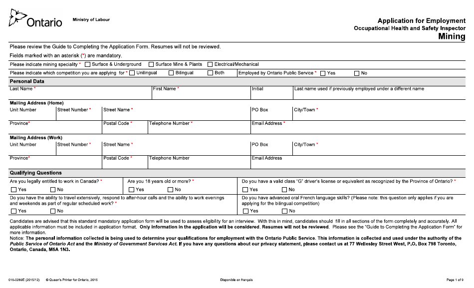 Form 016-0289E Application for Employment - Mining - Ontario, Canada, Page 1