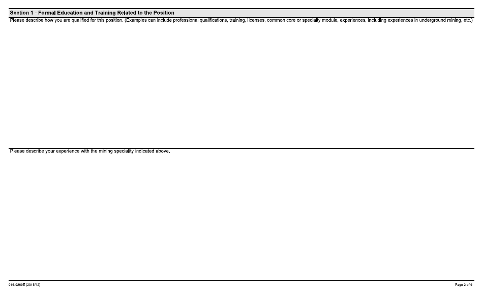 Form 016-0289E Application for Employment - Mining - Ontario, Canada, Page 2