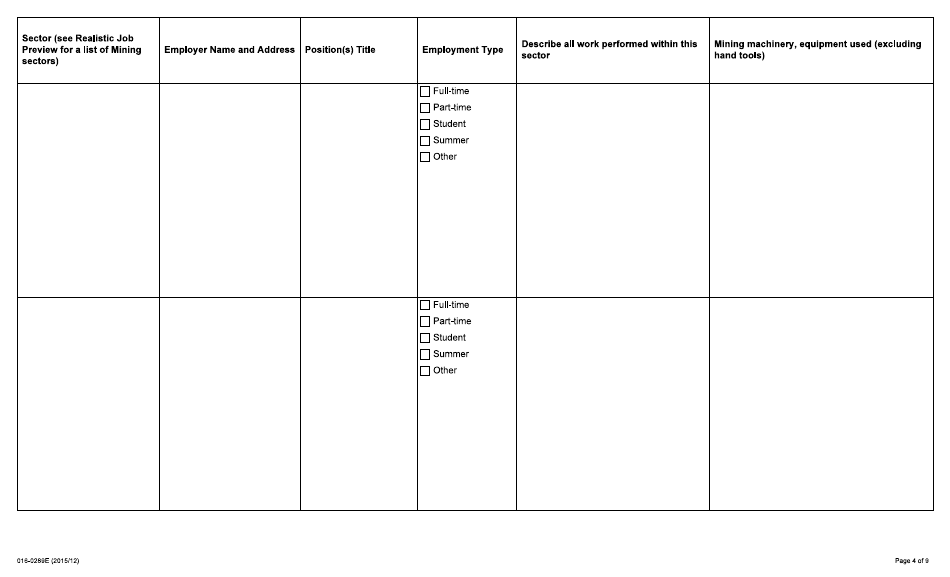 Form 016-0289E Application for Employment - Mining - Ontario, Canada, Page 4