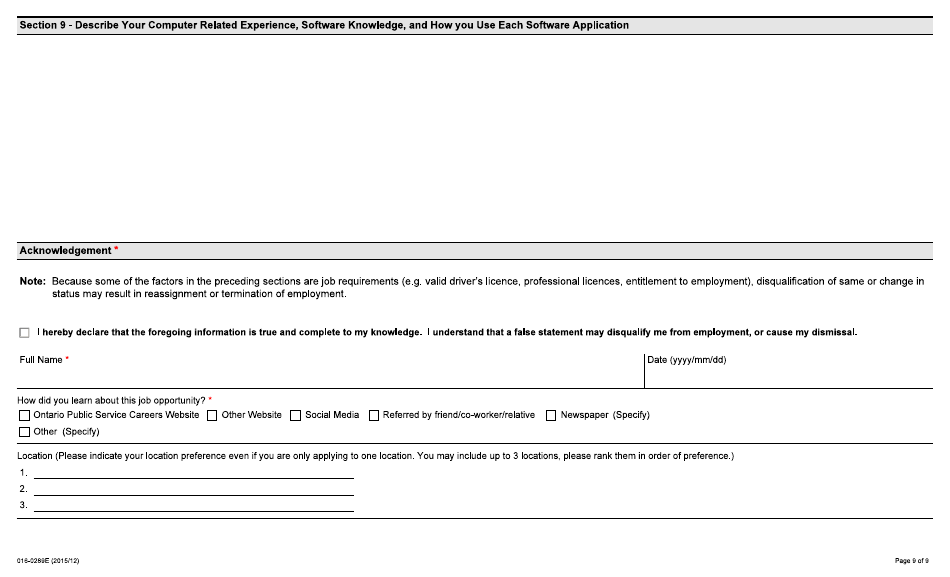 Form 016-0289E Application for Employment - Mining - Ontario, Canada, Page 9
