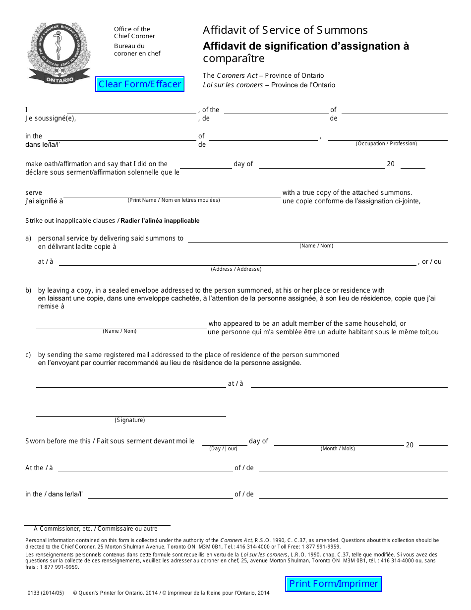 Form 0133 Affidavit of Service of Summons - Ontario, Canada (English / French), Page 1