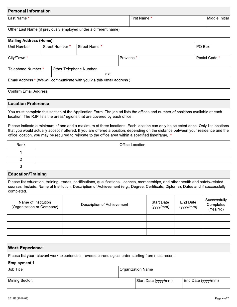Form 2018E Application for Employment Occupational Health and Safety Inspector - Mining - Ontario, Canada, Page 4