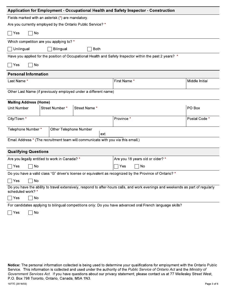 Form 1977E Application for Employment Occupational Health and Safety Inspector - Construction - Ontario, Canada, Page 3