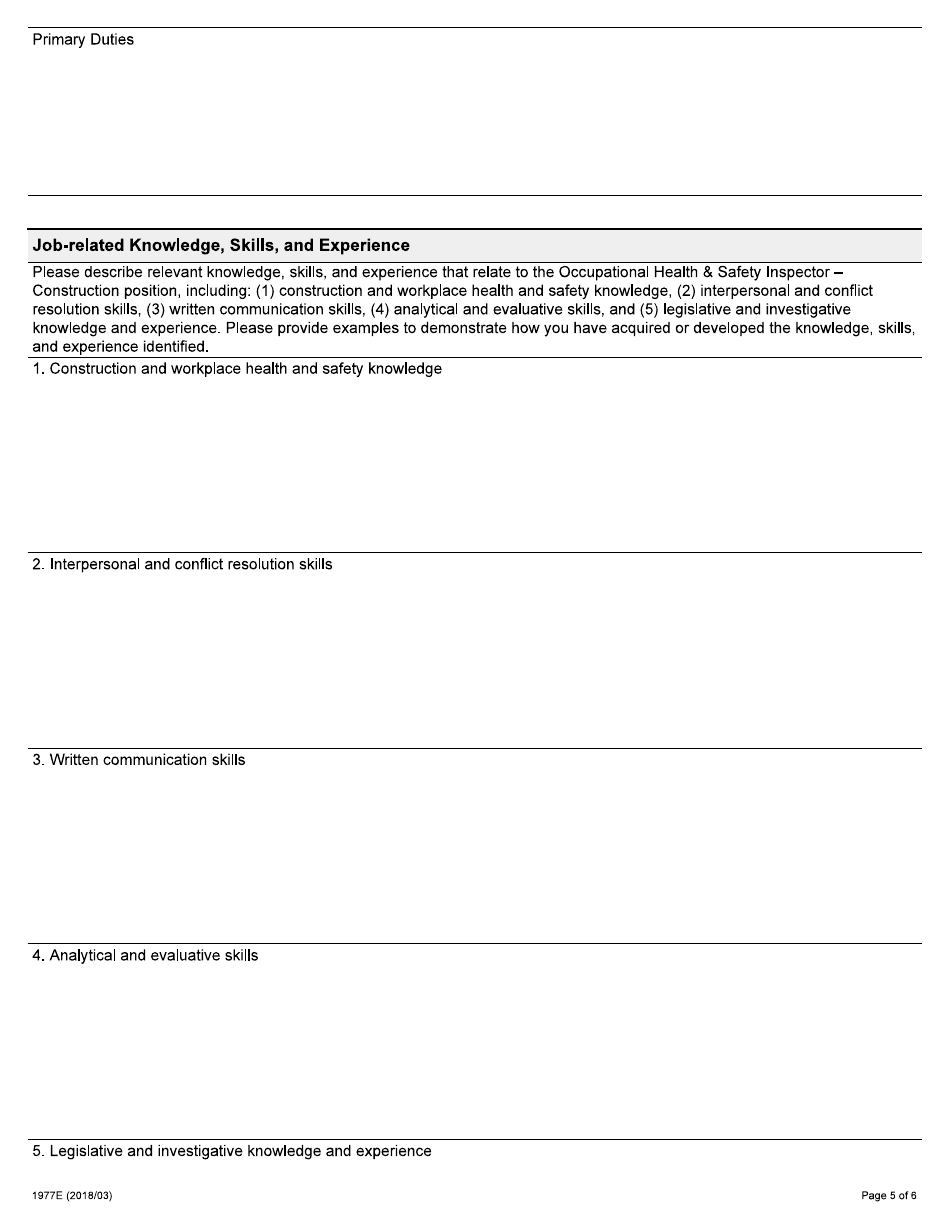 Form 1977E Application for Employment Occupational Health and Safety Inspector - Construction - Ontario, Canada, Page 5