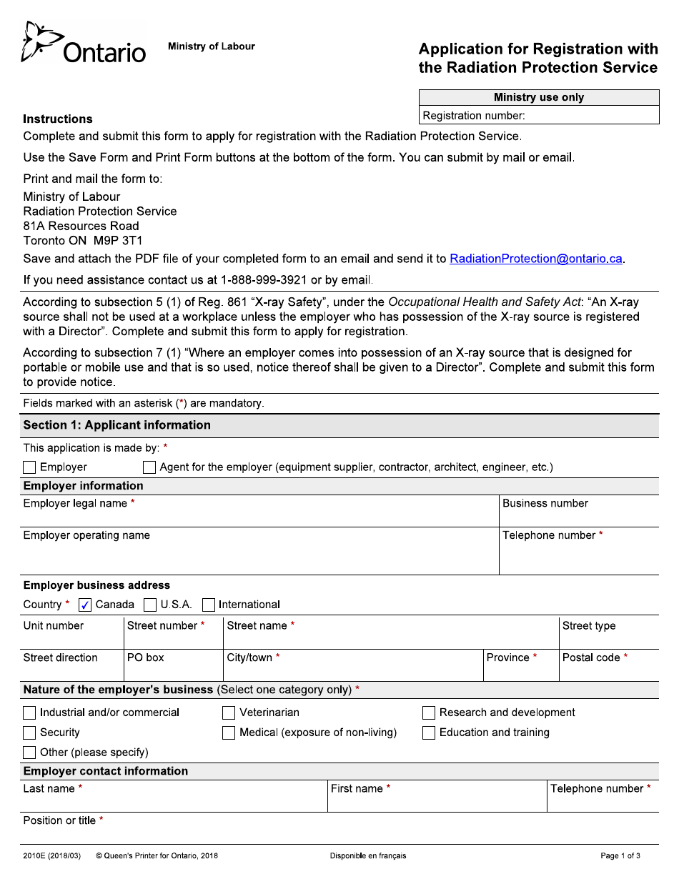 Form 2010E Application for Registration With the Radiation Protection Service - Ontario, Canada, Page 1