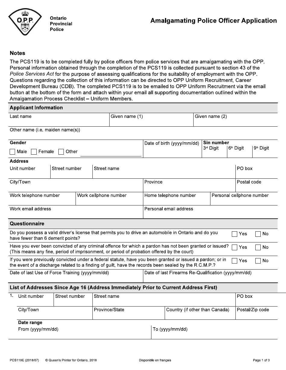 Form PCS119E Amalgamating Police Officer Application - Ontario, Canada, Page 1