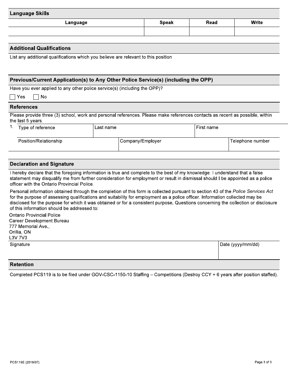 Form PCS119E Amalgamating Police Officer Application - Ontario, Canada, Page 3