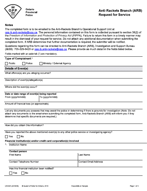Form LE353E Anti-rackets Branch (Arb) Request for Service - Ontario, Canada