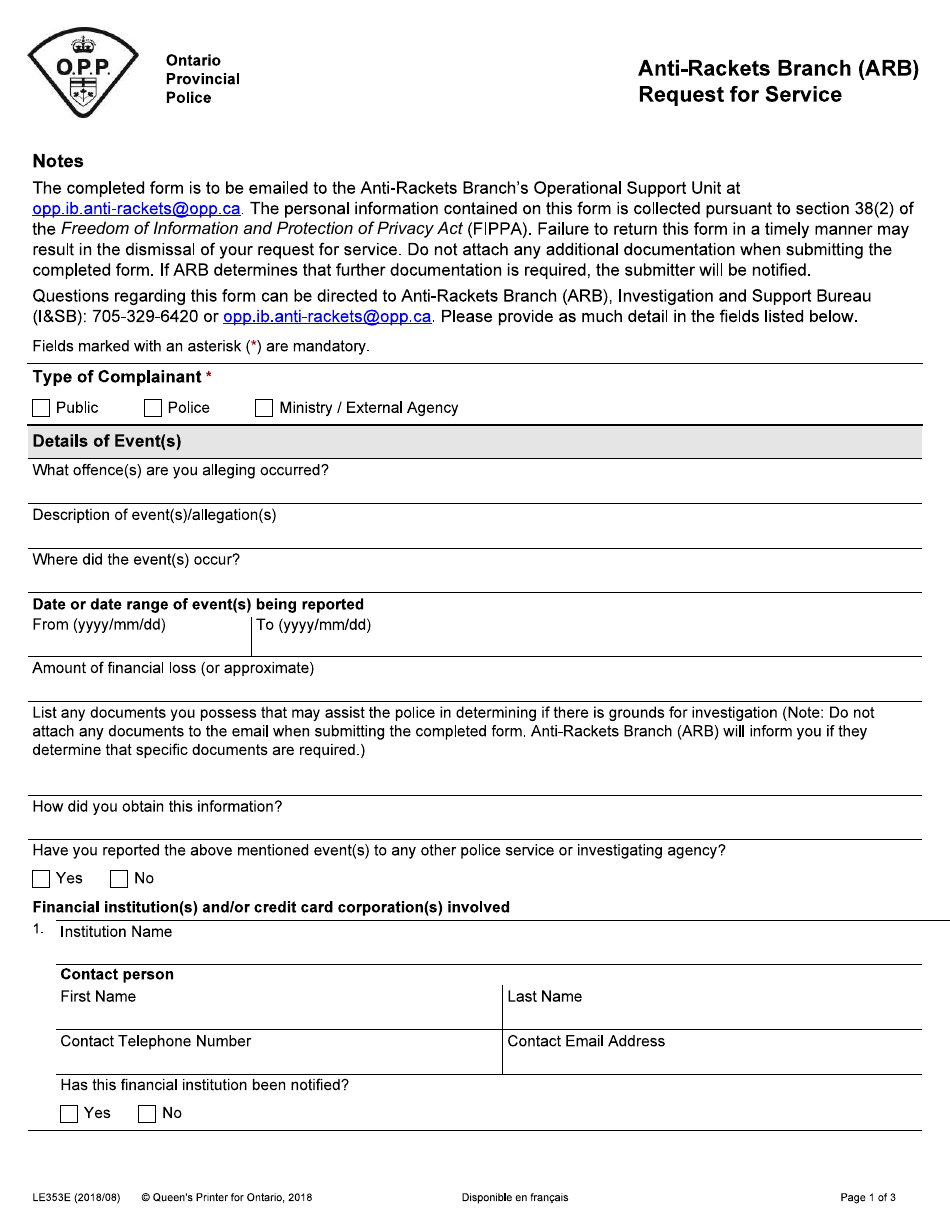 Form LE353E Anti-rackets Branch (Arb) Request for Service - Ontario, Canada, Page 1