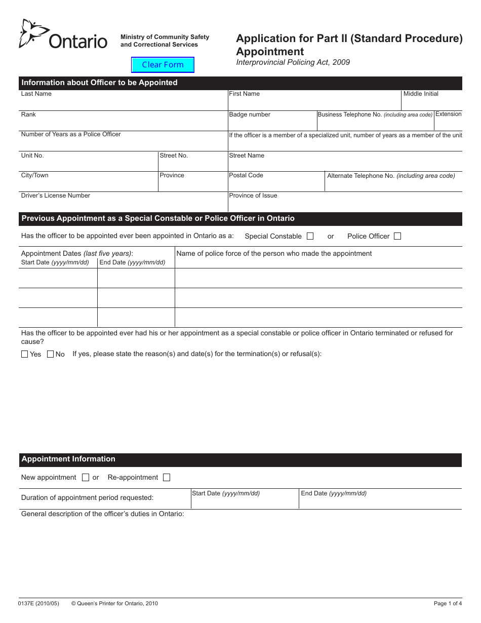 Form 0137E Application for Part II (Standard Procedure) Appointment - Ontario, Canada, Page 1