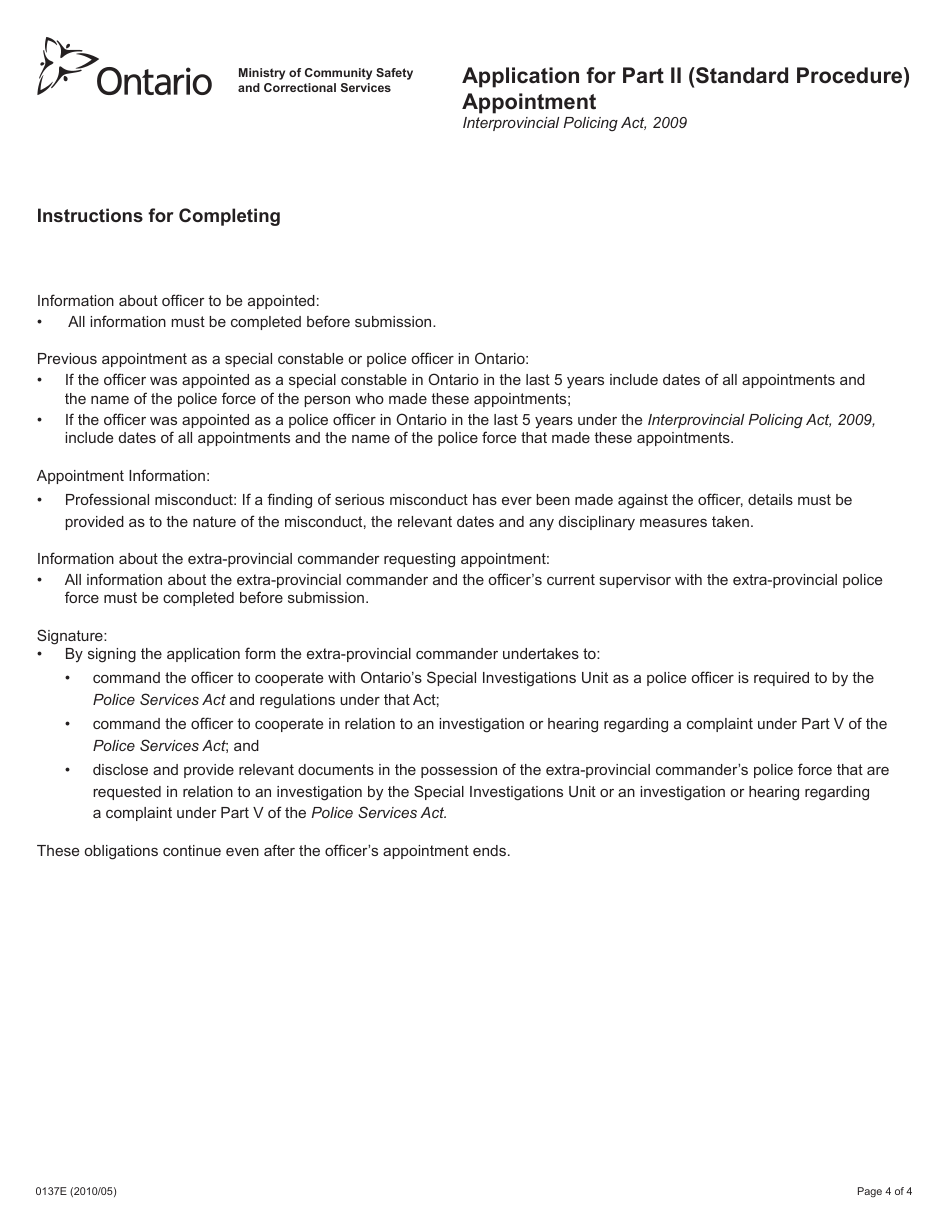 Form 0137E Application for Part II (Standard Procedure) Appointment - Ontario, Canada, Page 4