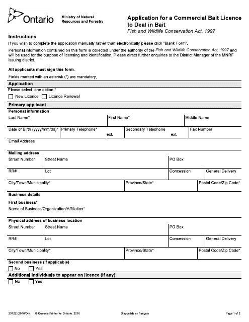 Form 2372E Application for a Commercial Bait Licence to Deal in Bait - Ontario, Canada