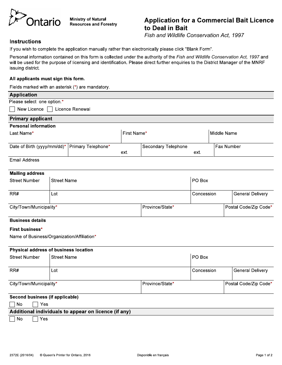 Form 2372E Application for a Commercial Bait Licence to Deal in Bait - Ontario, Canada, Page 1