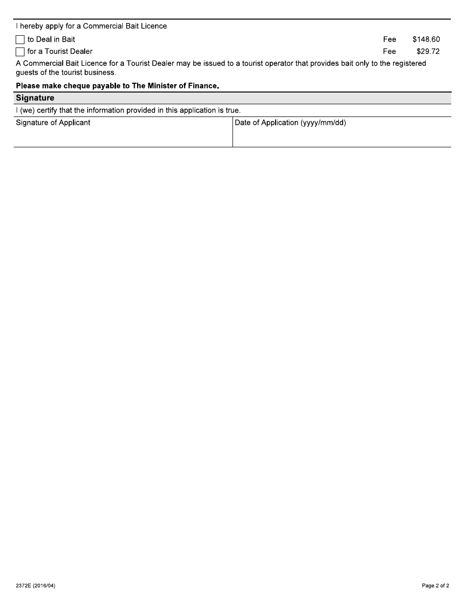 Form 2372E Application for a Commercial Bait Licence to Deal in Bait - Ontario, Canada, Page 2