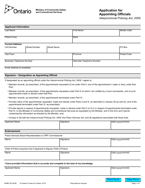 Form 0209E Application for Appointing Officials - Ontario, Canada